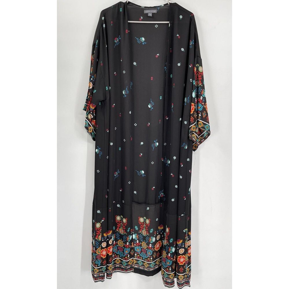Kendall & Kylie OS Kimono Cardigan Women Black‎ Floral Boho Long Duster Open